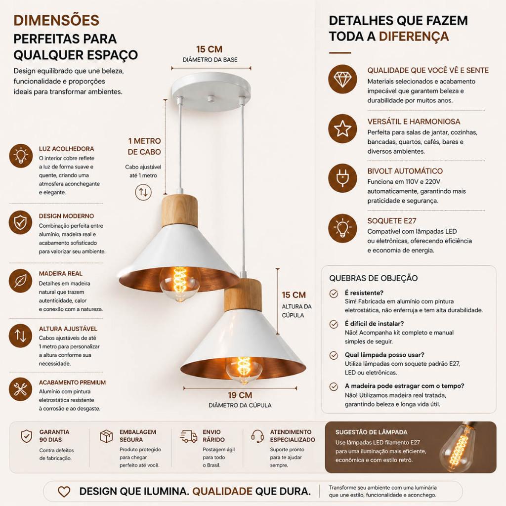 Luminária Pendente de teto Moderna Dupla para Sala Cozinha Moderna Alumínio Não Enferruja Lustre Casa Apartamento — imagem 2 de 2