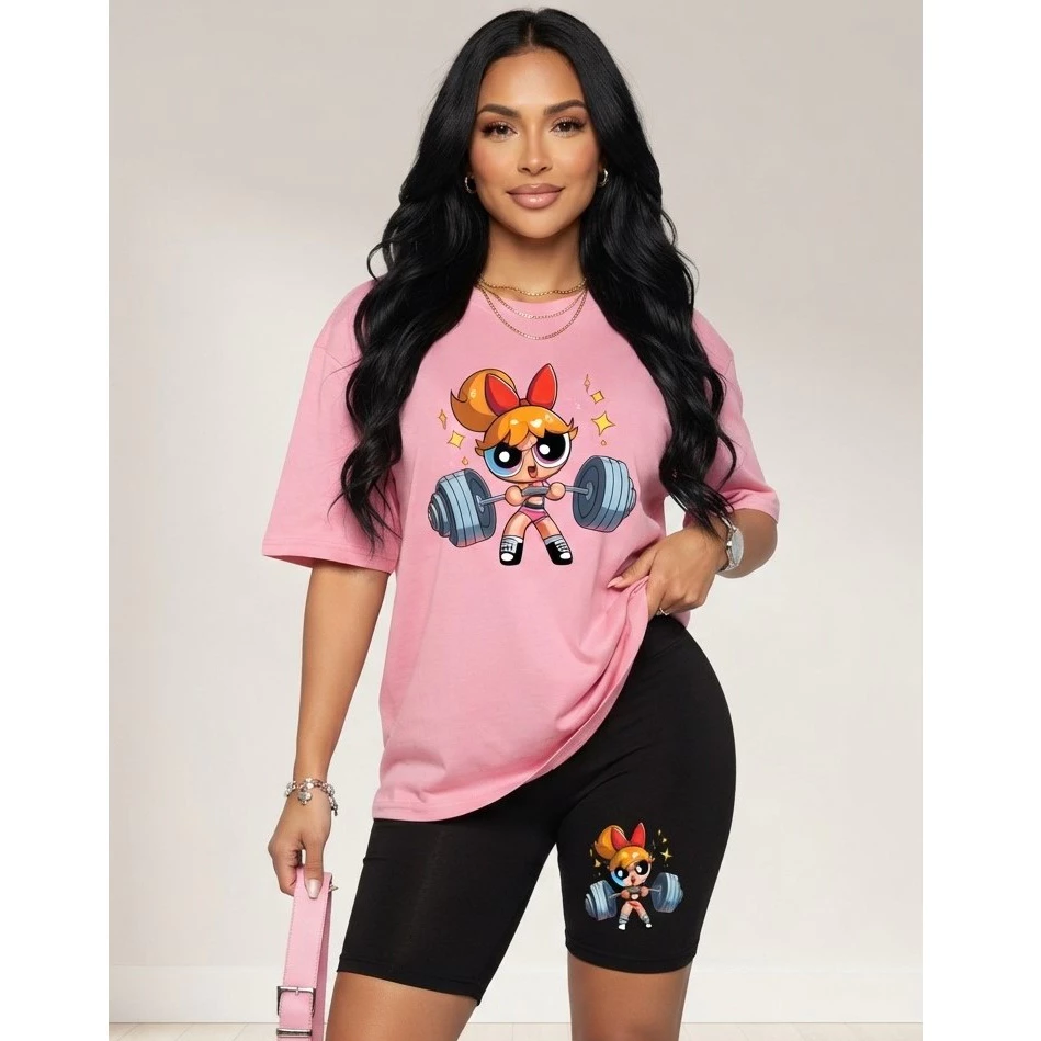 CONJUNTO BERMUDA LEGGINGS+CAMISETA LOOK ACADEMIA ALGODÃO100% FLORZINHA M.S.P