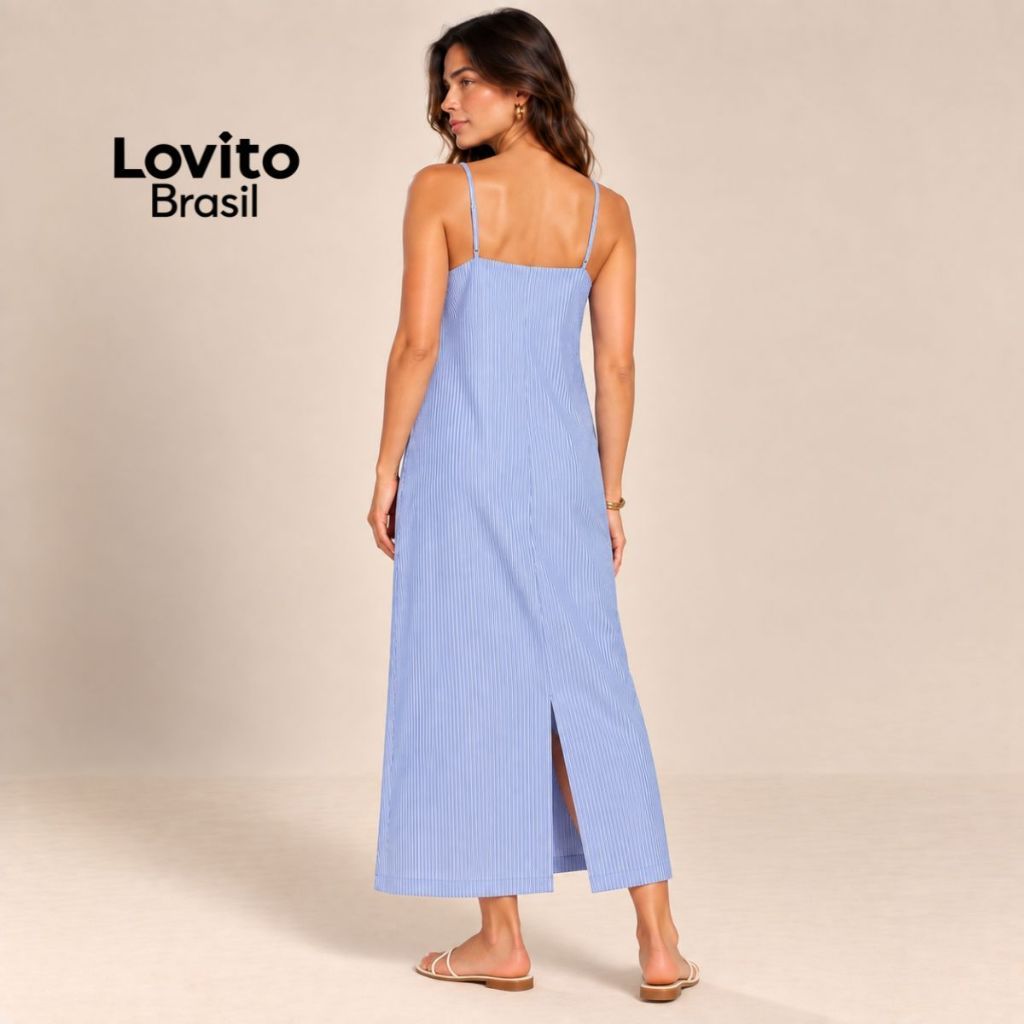 Lovito Vestido Feminino Midi Listrado com Decote Reto e Alças Ajustáveis DRB955BRL985 · foto 2