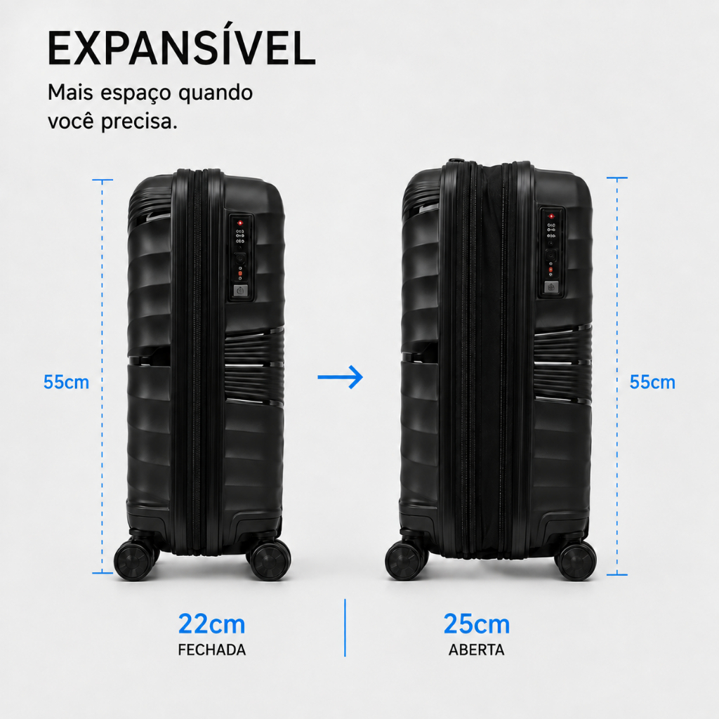 Kit 2 Malas Casal 10Kg Com Extensor Viagem Giratória Anti-Furto Abs Férias — imagem 2 de 2