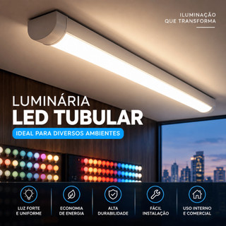 Luminária Tubular Sobrepor Led Slim Branco Frio 6000k a 6500k 120cm