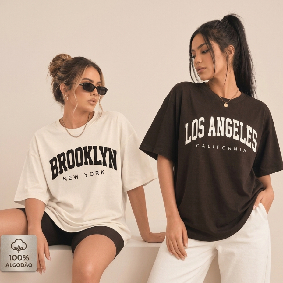 Kit 2 Camisetas  Brooklyn Femininas Los Angeles Algodão T-Shirt Blusão Oversized Feminino Caimento Amplo Academia
