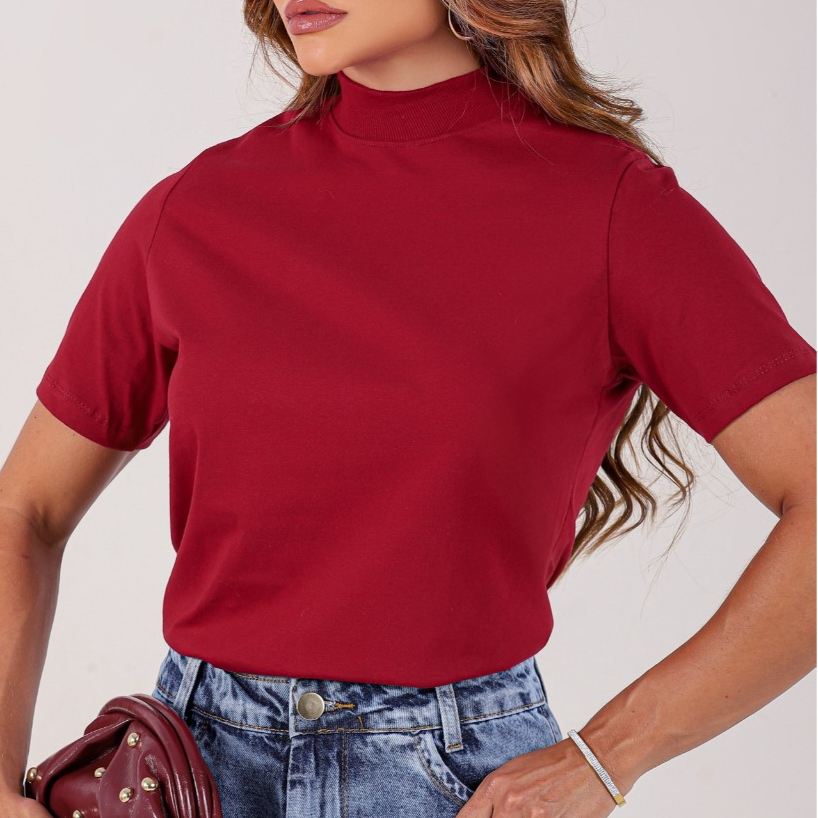 kit 4 Camisetas Femininas Básicas Gola alta Algodão Lisa Moderna Elegante — imagem 2 de 2