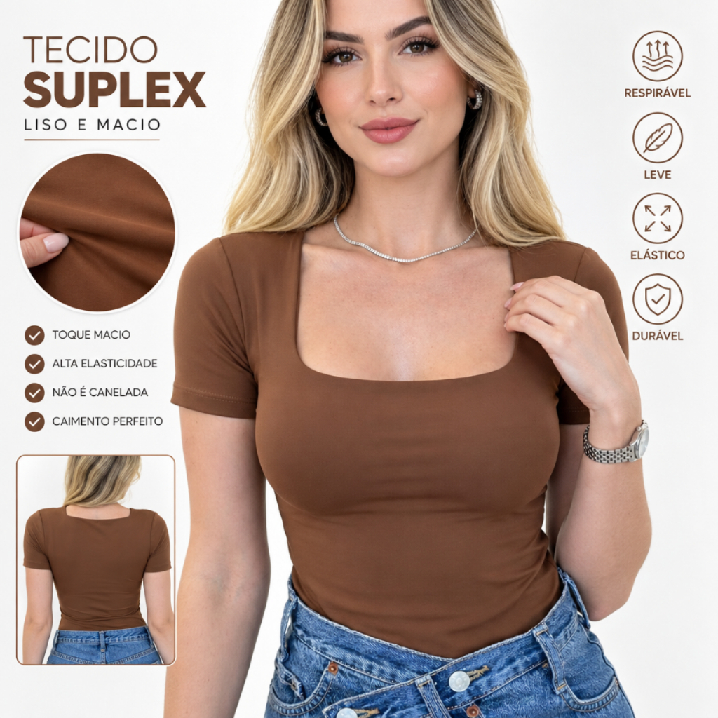 Blusa Suplex Feminina Decote Quadrado Básica Premium Blogueira Academia Dia a Dia