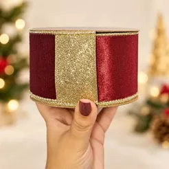 Fita Aramada Decorativa de Natal - Vermelho Escuro com Verso Dourado - 6,3cm x 9,14m - 1 unidade - Rizzo