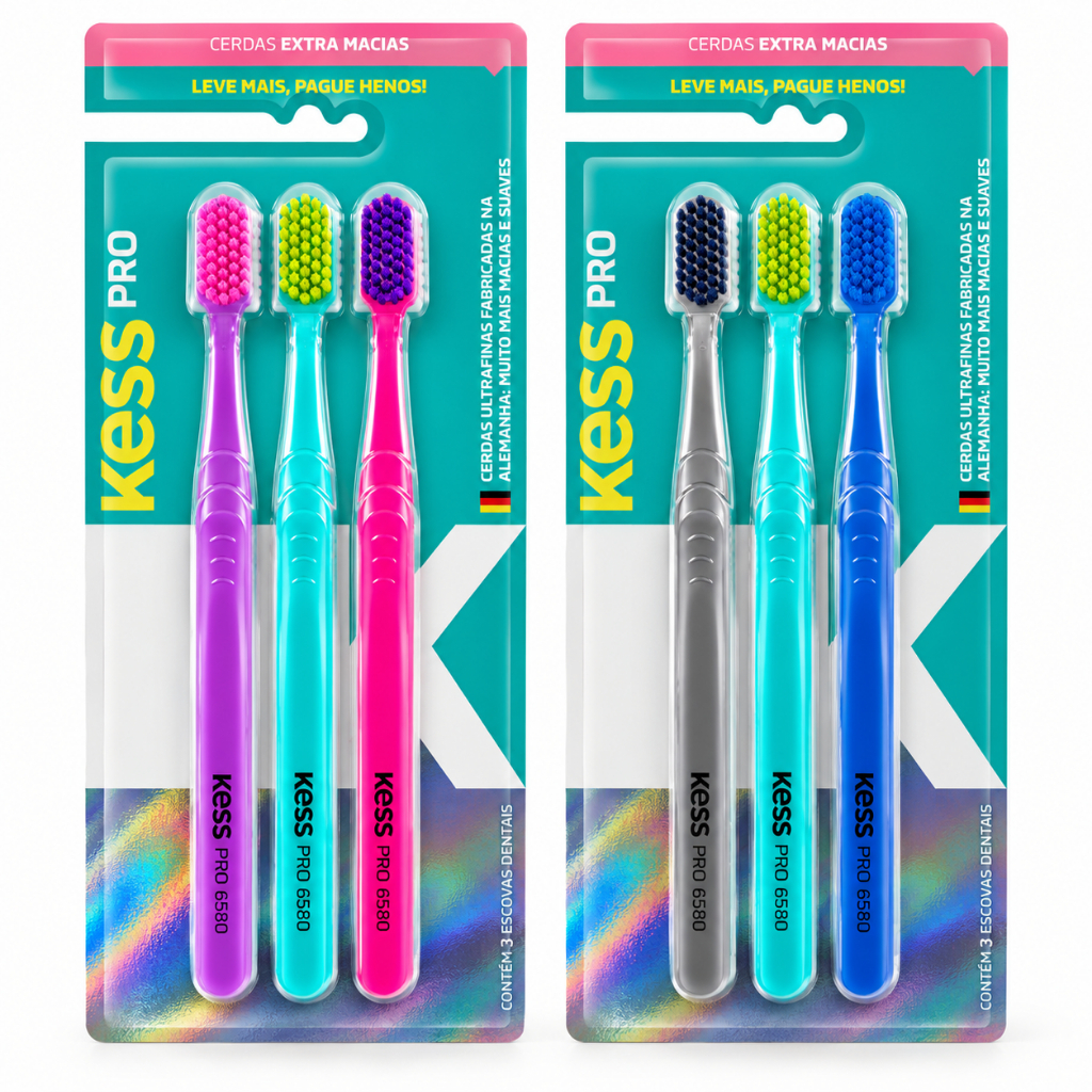 Pack Com 3 Escovas Dentais Kess Pro 6580 Extra Macias Cores Sortidas 2109