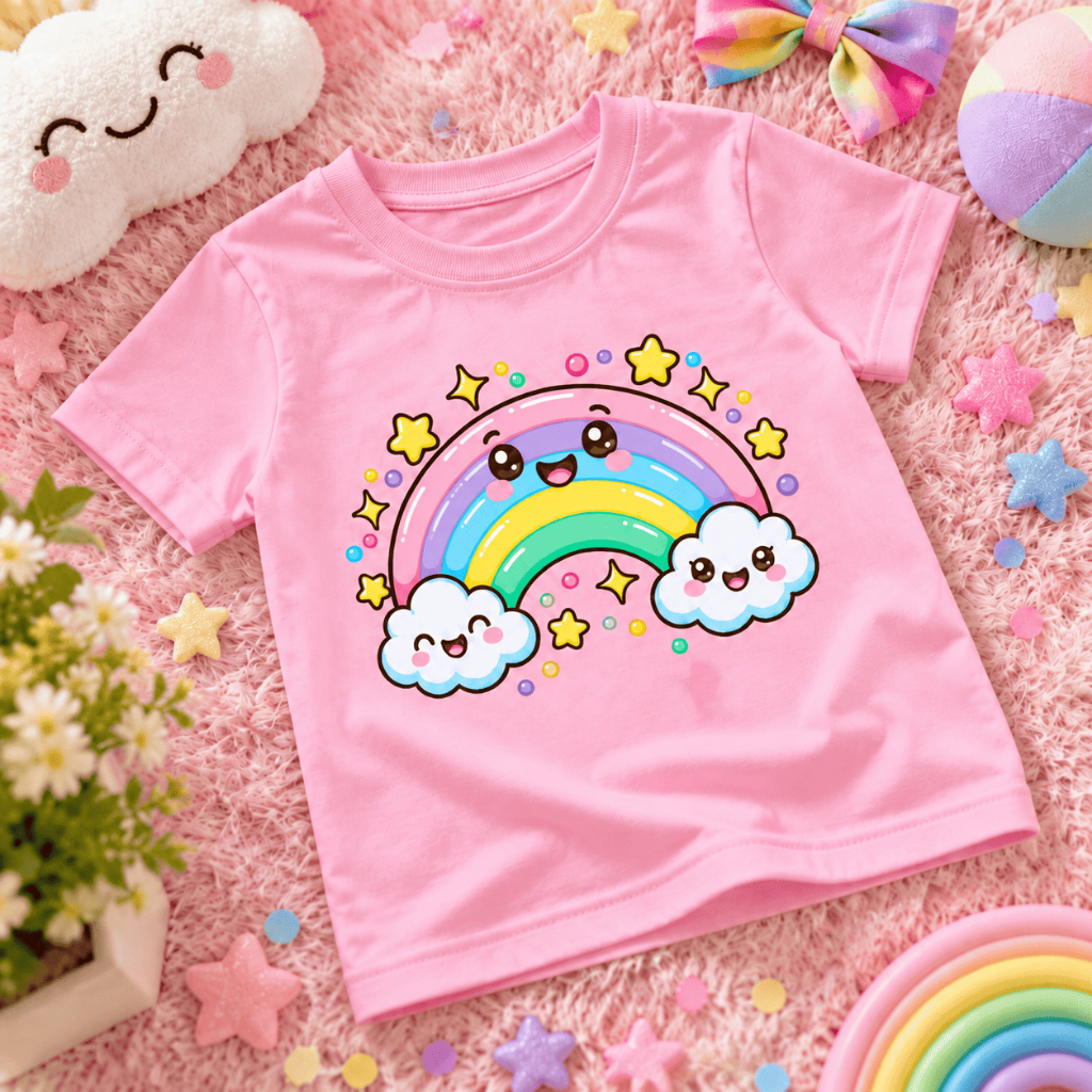 Camiseta Infantil Arco Íris Feminina Colorida Estampa Fofa 100% Algodão Confortável Presente Dia das Crianças Tam 2 a 16