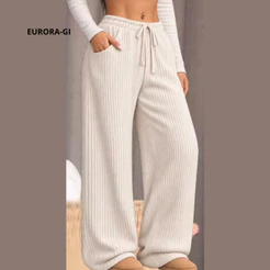 Calça Pantalona Feminina No Tecido Canelado Premium Com Elástico, Cintura Alta e Bolsos - Elegante