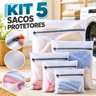 Kit 5 Sacos Protetor para Lavar Roupa Delicadas com Zíper Organizador Lavadora e Máquina Roupas