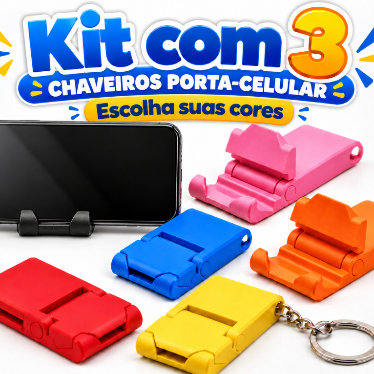 Kit com 3 Chaveiros Suporte para Celular Dobrável Portátil | Apoio de Mesa Compacto para Smartphone