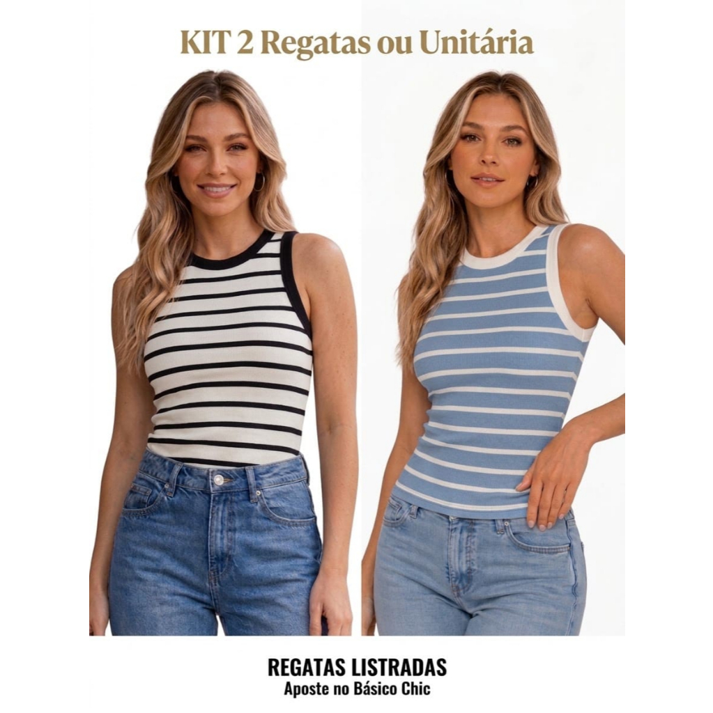KIT 2 REGATAS OU UNITÁRIA LISTRADA RIBANA Feminina Bicolor Slim blusa feminina Básica americana  Casual moda Verão