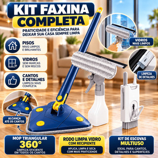 Kit Faxina Limpeza Doméstica Mop Triangular 360 + Rodo Limpa Vidro + Escova Multiuso