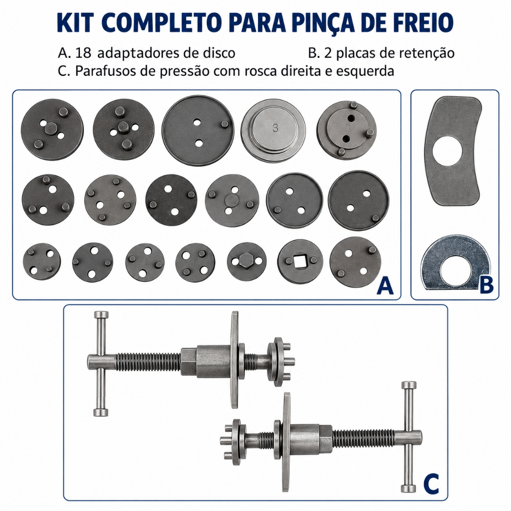 Kit 22 Peças Ferramenta Retornar Êmbolo Pinça Freio Traseiro - Universal p/ Carros Nacionais e Importados — imagem 2 de 2
