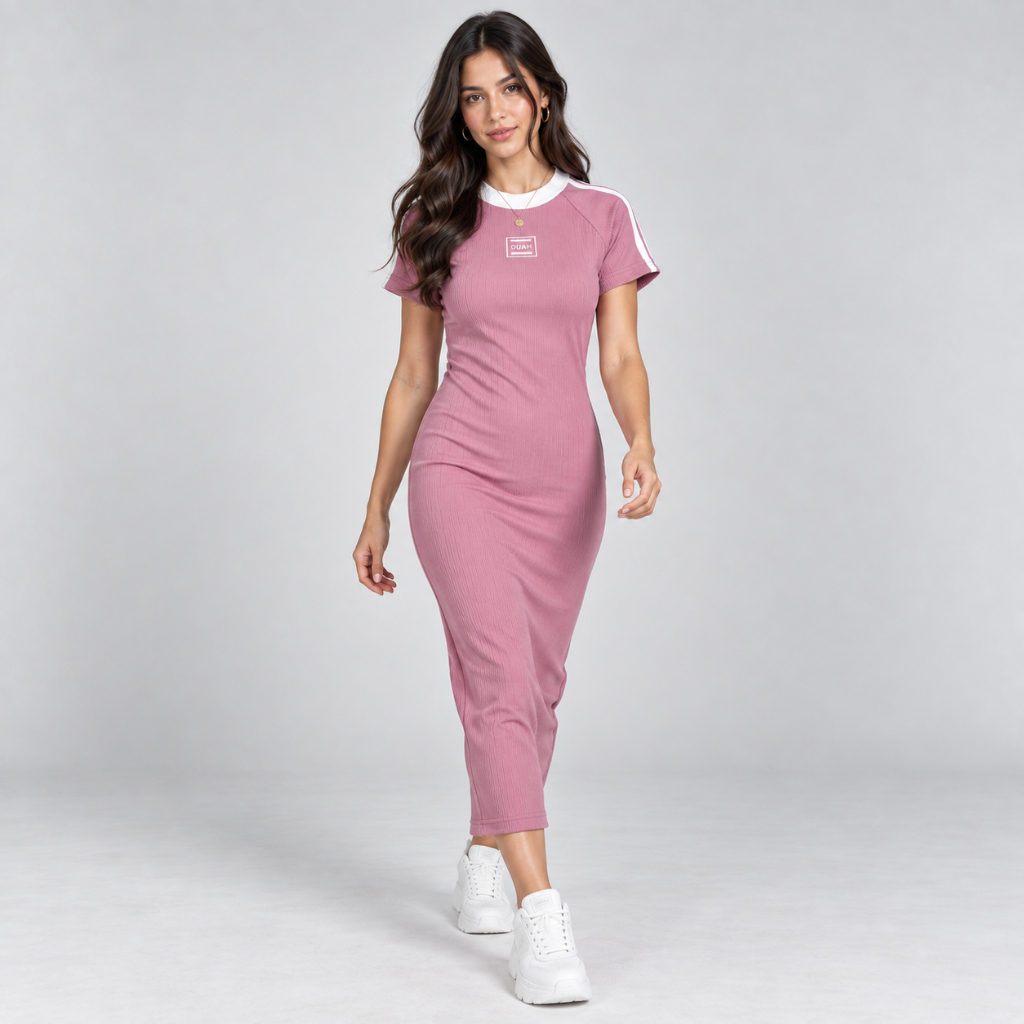 Vestido feminino Midi Canelado  Raglan Confortável Ribana Elastano Estilo Leve Dia  a Dia