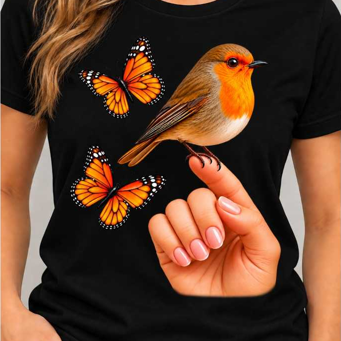 Camiseta Feminina 100% Algodão Estampada Confortável Casual Modelo: Passarinhos e Borboletas