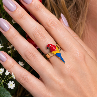 Anel Ajustável Arara Esmaltada Brasil - Coleção Animais Fauna Tropical