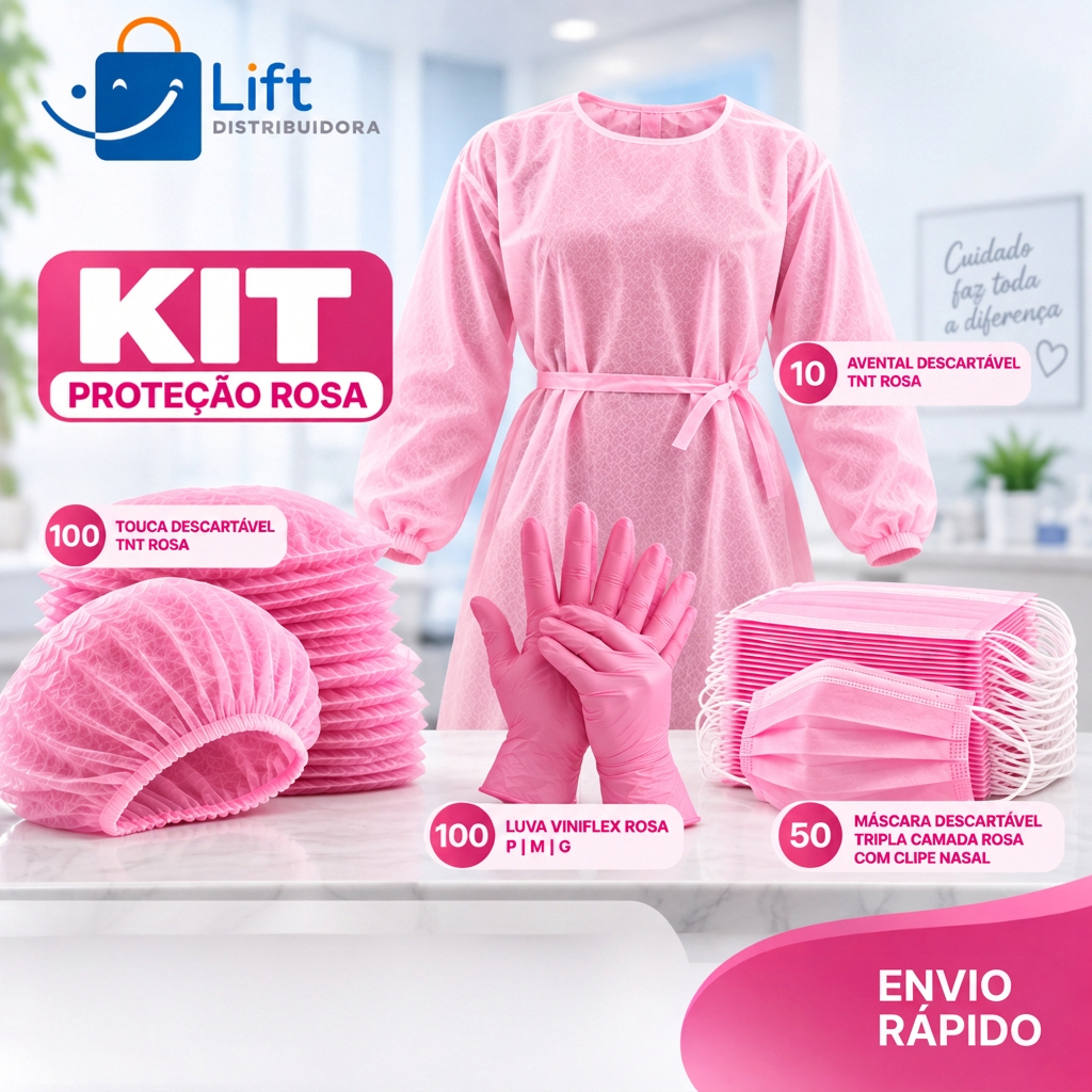Kit Proteção Rosa 100 Toucas TNT 100 Luvas Viniflex 50 Máscaras Tripla 10 Aventais Descartáveis
