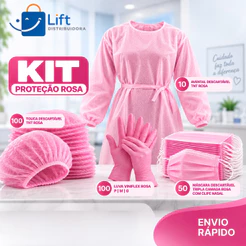 Kit Proteção Rosa 100 Toucas TNT 100 Luvas Viniflex 50 Máscaras Tripla 10 Aventais Descartáveis
