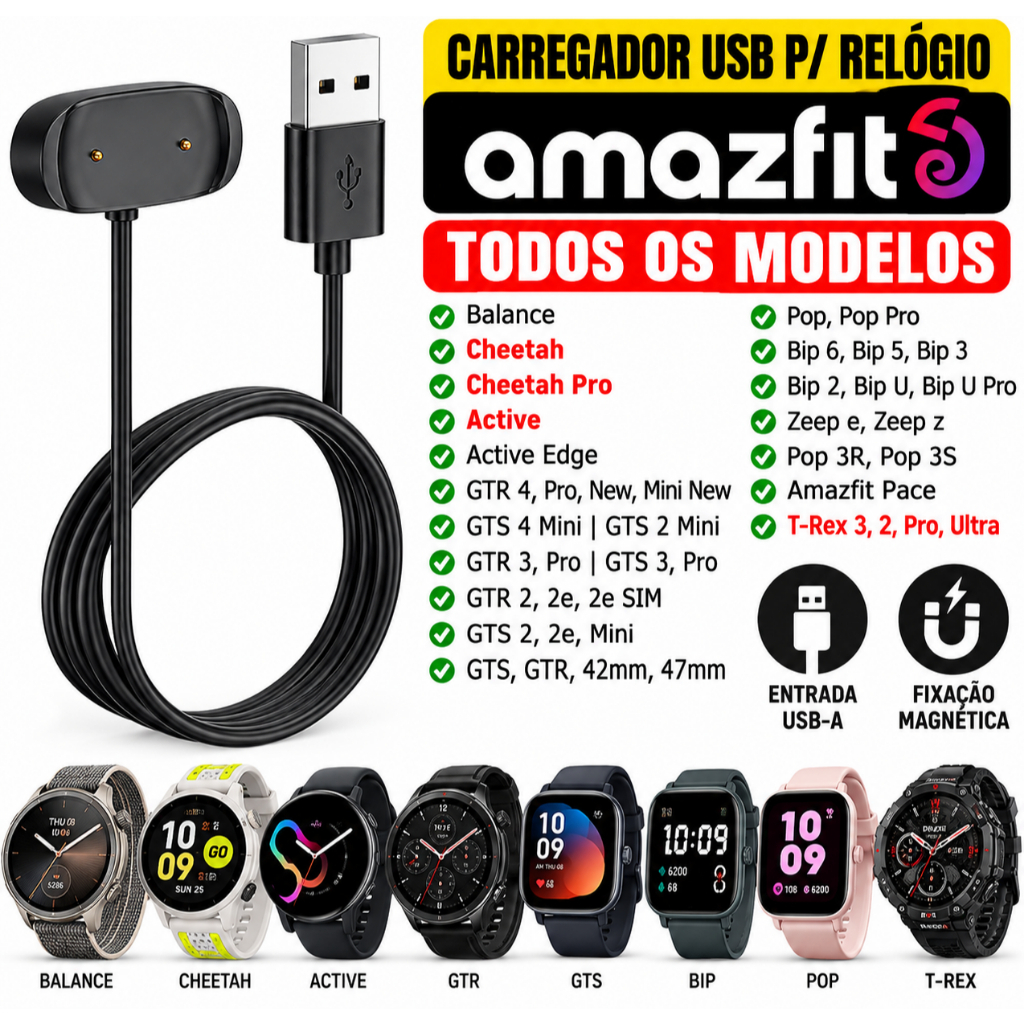 Carregador USB P/ Relógio Amazfit GTR GTS 2 3 4 Mini Bip 6 5 U Pop 3R 3S Pace T-Rex 3 2 Pro Ultra