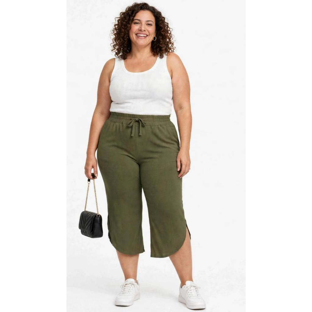 Calça Feminina Pantacourt Cós Elástico com Cordão e FendaCalça Pantacourt