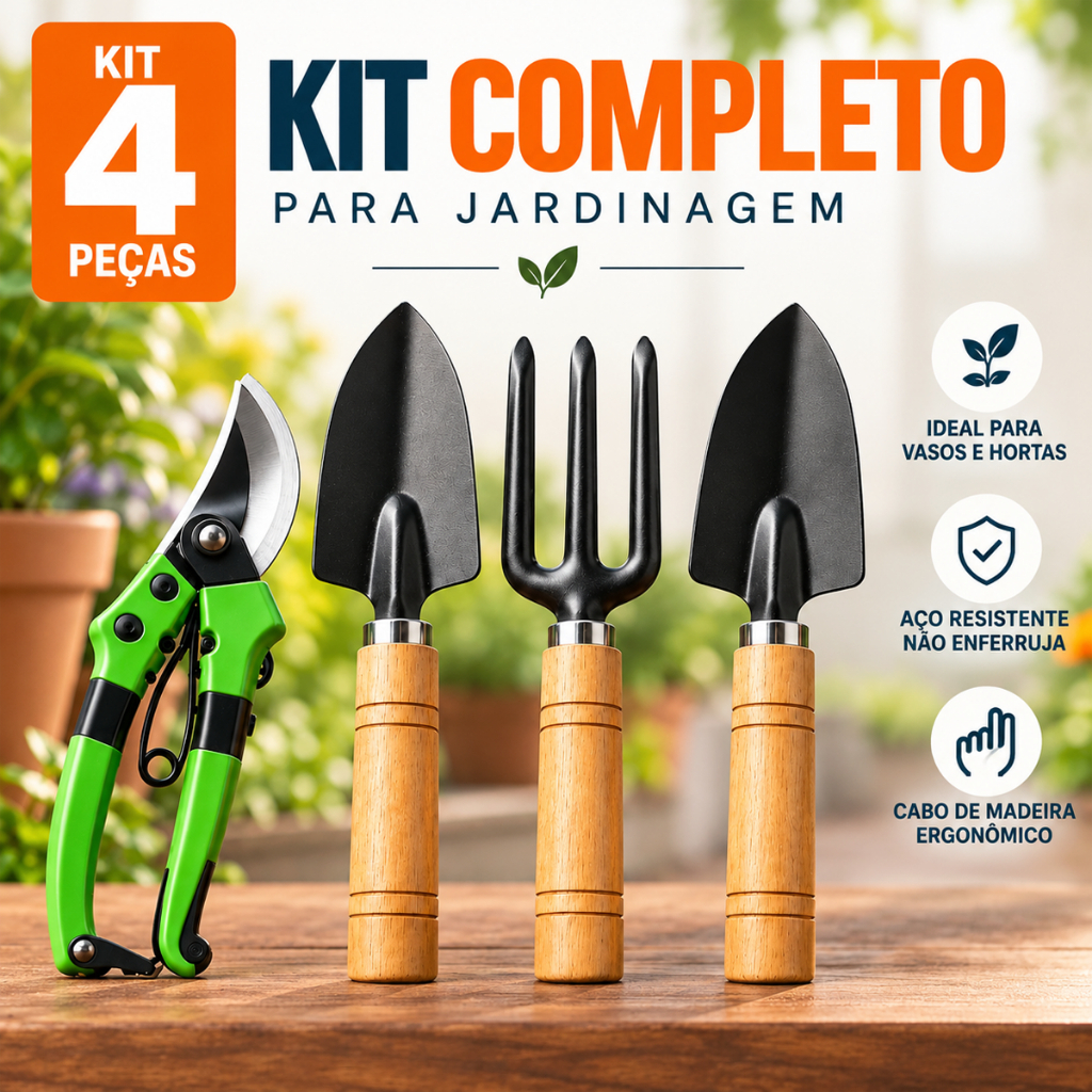 Kit Jardinagem 4 Peças com Tesoura de Poda Profissional Ferramentas para Horta Vasos Plantas Jardim