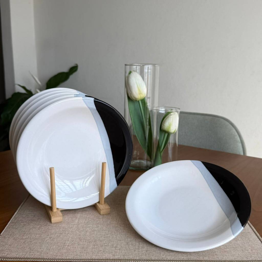 Jogo de pratos fundos 6 peças de ceramica segunda linha 23cm preto e branco
