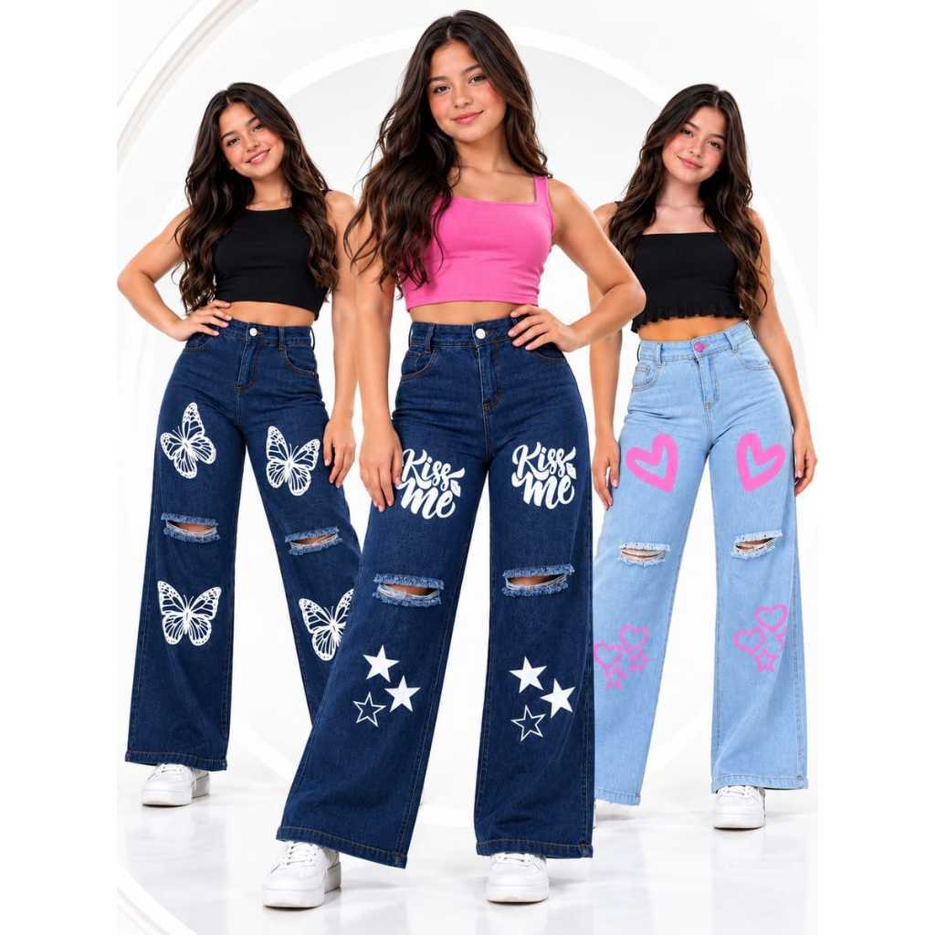 Calça Jeans Wide Leg Feminina Infatil Juvenil Pantalona com Desenho Varias Estampas Destroyed Fashion do 08 ao 16