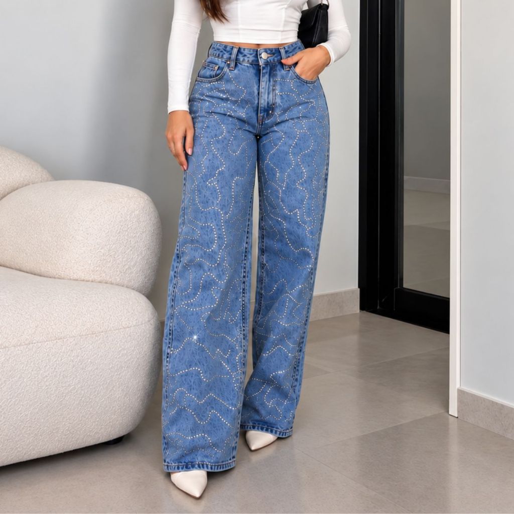 Calça Jeans Wide Leg Feminina Marrom STRASS Cintura Alta Festa balada Tecido Grosso BRILHO