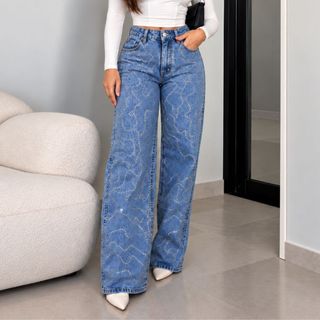 Calça Jeans Wide Leg Feminina Marrom STRASS Cintura Alta Festa balada Tecido Grosso BRILHO