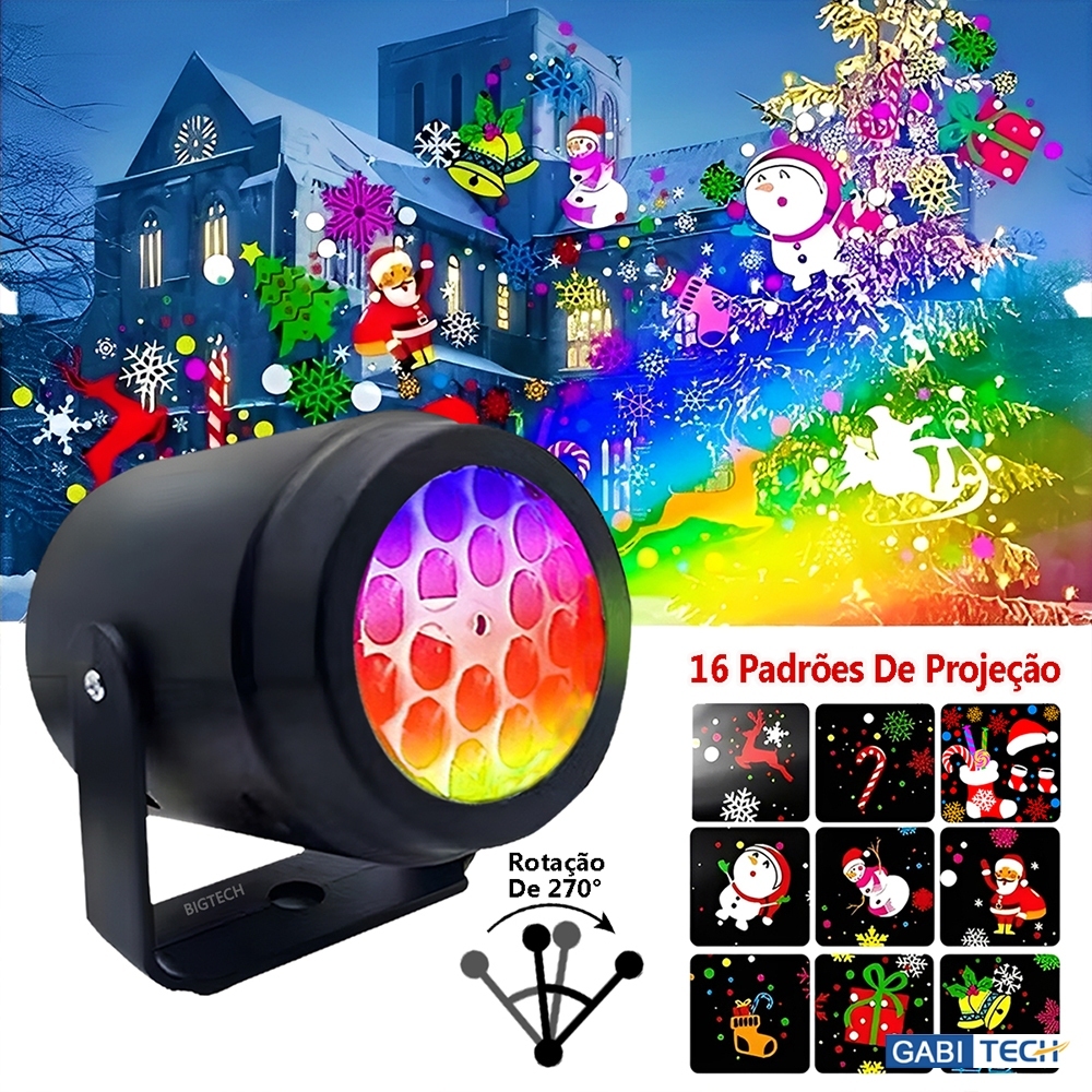 Projetor Led Natal Festa Laser Giratório Refletor Luz de Festa 16 Desenhos Natalinos Bivolt Portátil