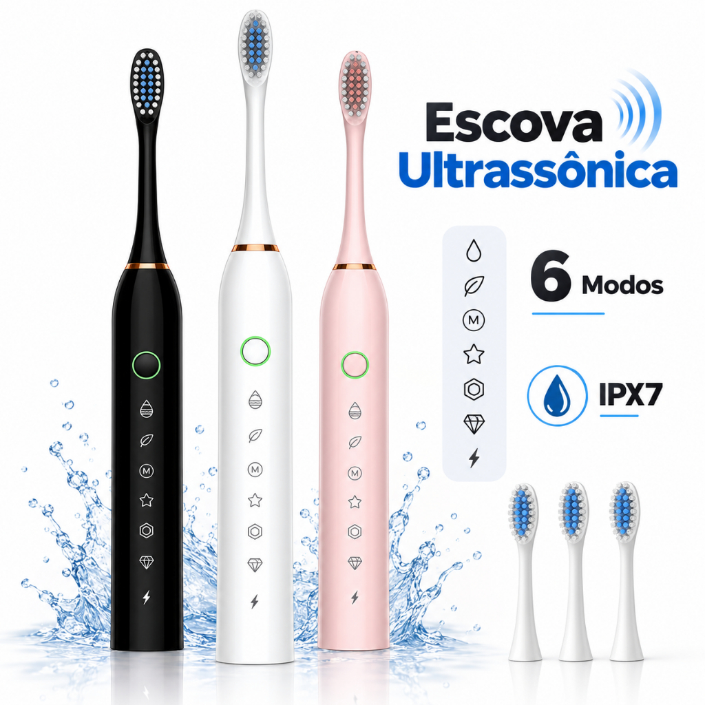 Escova De Dentes Elétrica Recarregável USB 6 Modos Com 4 Cabeças Preta, Branca Ou Rosa