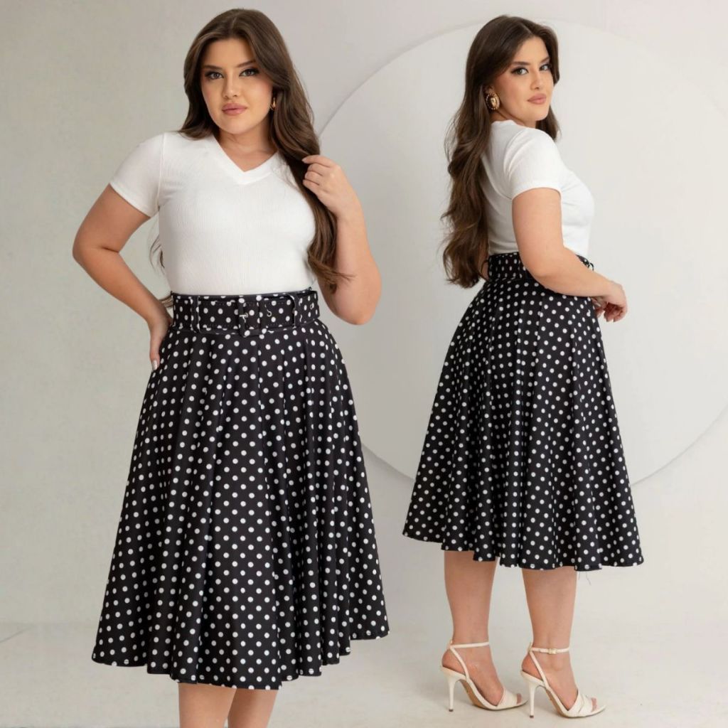 Saia Midi Godê Feminina com Cinto Estampada Poá Bolinhas Moda Modesta Elegante
