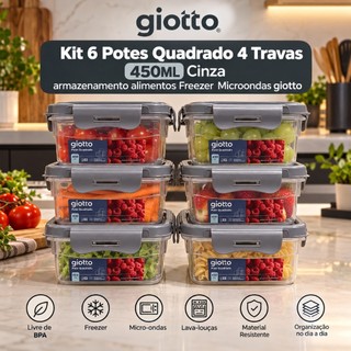 Kit 6 Potes 450ml com 4 Travas Cinza Organizador de Alimentos BPA Free Giotto