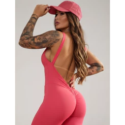 Macacão Academia Feminino Empina Bumbum Longo Verão Costa Nua Decote Treino fitness