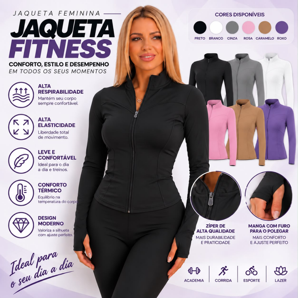 Jaqueta Fitness Pilates Feminina Acinturada Manga Longa com Ziper Passa Dedo Academia Corrida Esportiva Yoga