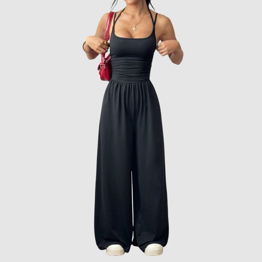 Macacão Feminino Longo Pantalona Casual Alça Dupla Detalhe Drapeado Elegante
