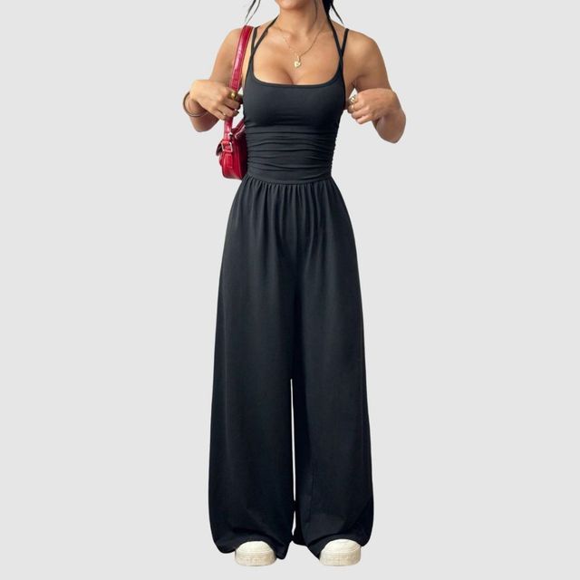 Macacão Casual Feminino Alça Dupla Modelagem Pantalona Soltinho Perna Longa Elegante