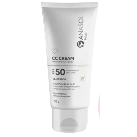 Protetor Solar Facial Anasol Viso CC Cream Claro/Medio FPS 50 Clareador Multifunção 10 em 1 Cobertura Leve 60g