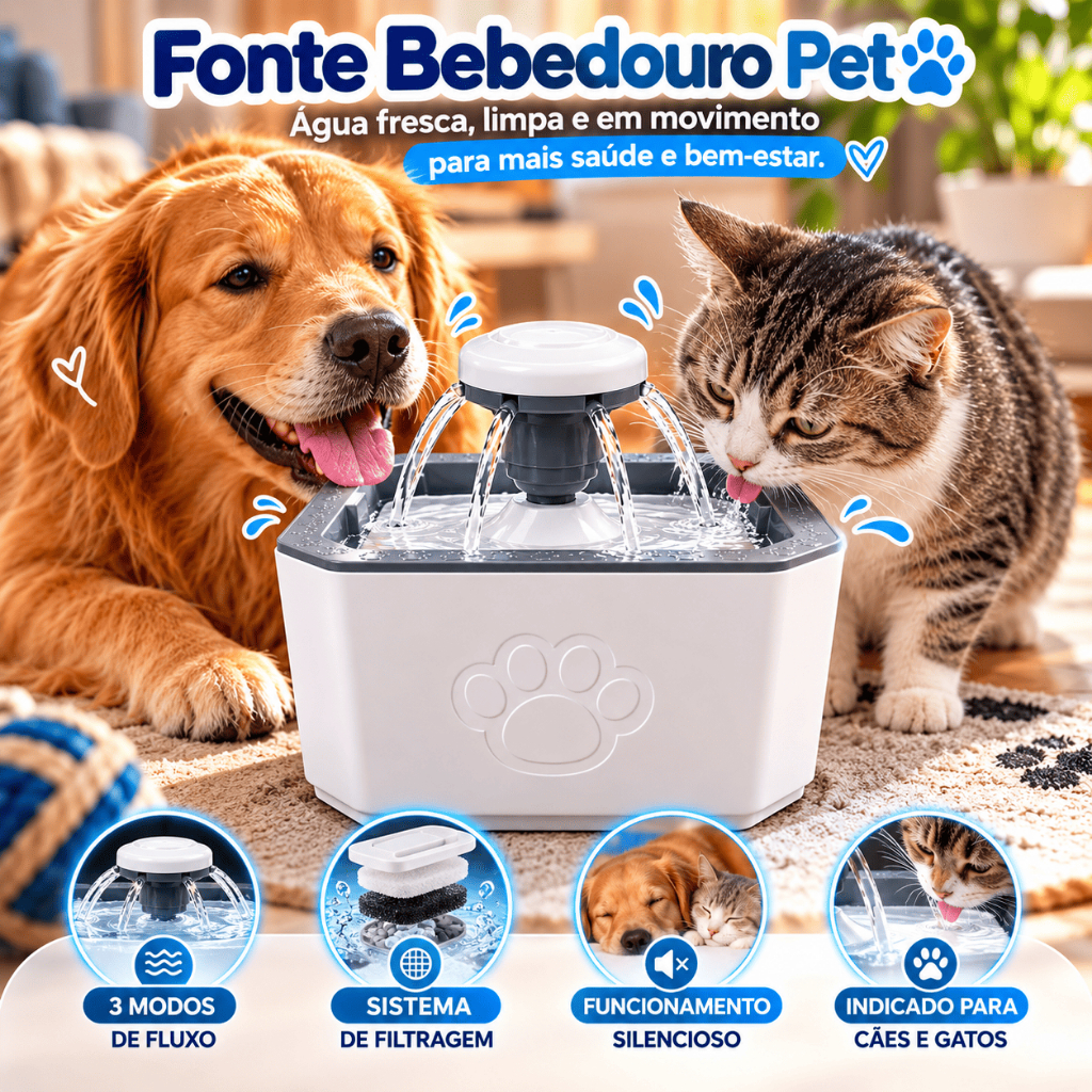 Fonte Bebedouro Automático para Gatos e Cachorros 2,5L 3 Modos de Fluxo com Filtro Silencioso Pet