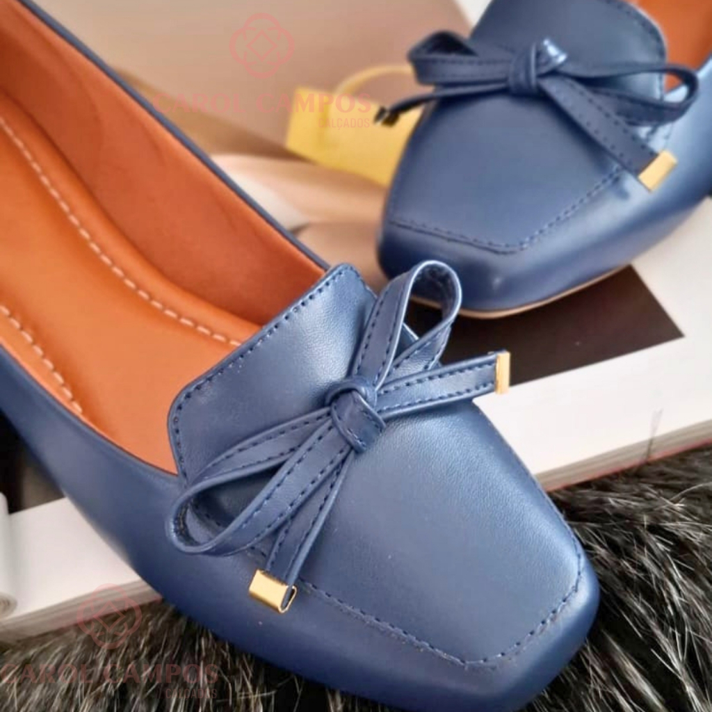 Sapatilha Bico Quadrado Feminina Confortável Mocassim Casual Com Laço