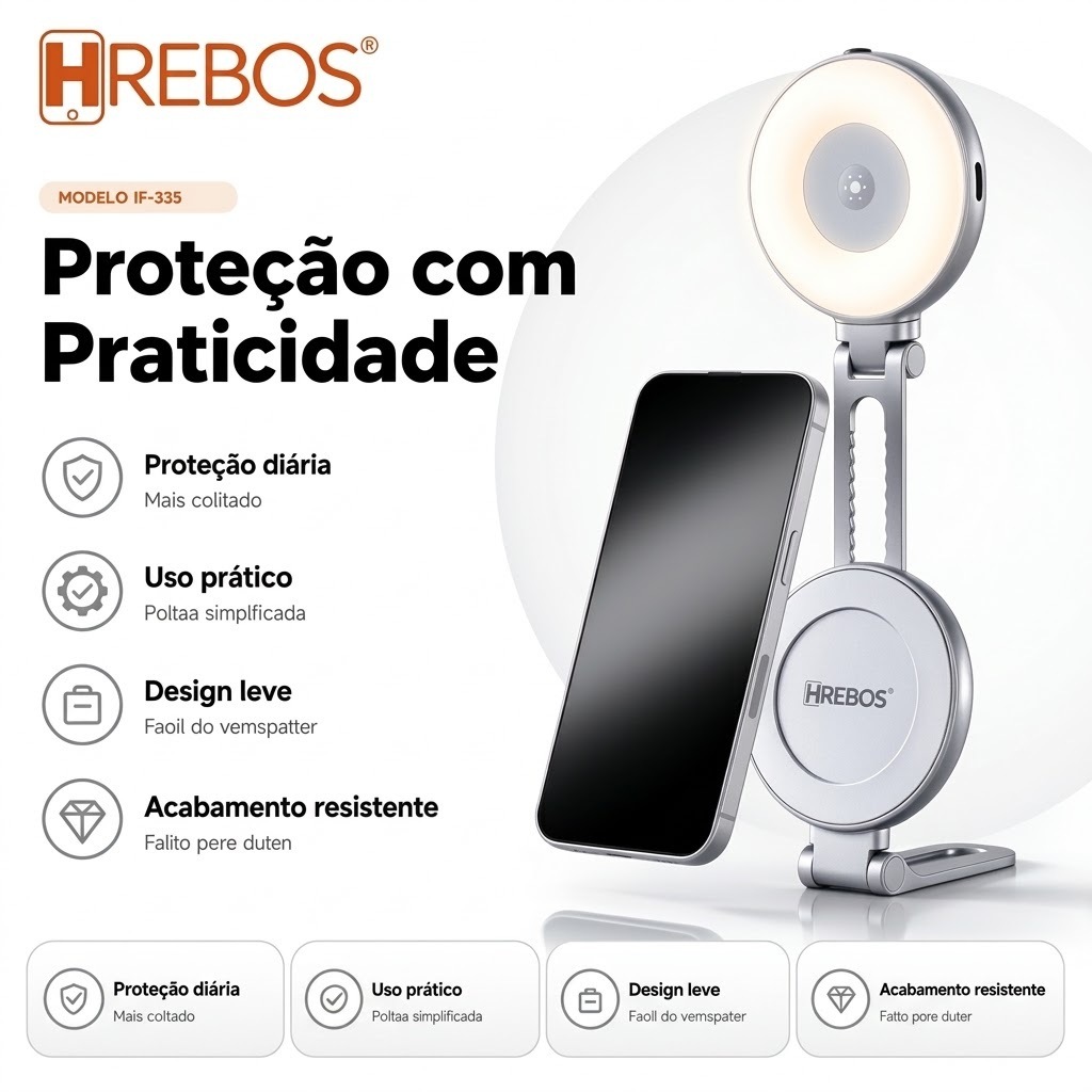 HREBOS IF-385 Luz LED Magnética Type-C Portátil para Selfie, Foto, Vídeo, Live e Videochamada, Iluminador Compacto Mini!