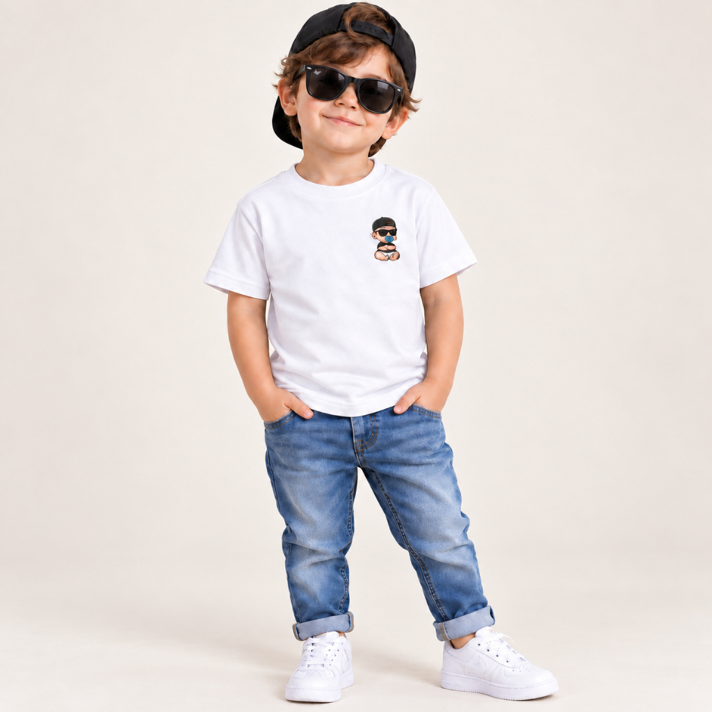 Camiseta Infantil Estampa Bebê de Boné e Óculos Escuros 1921 Unissex 100% Algodão Passeio Escola