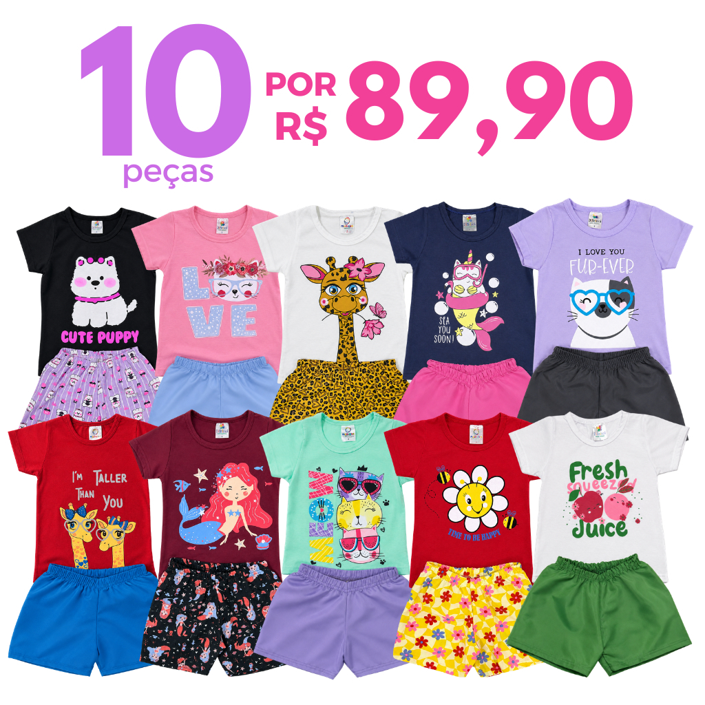 Kit 10 peças Verão Roupa Menina Infantil 5 Camiseta e 5 Shorts/Bermudas Conjuntos Sortidos 5 Conjuntos