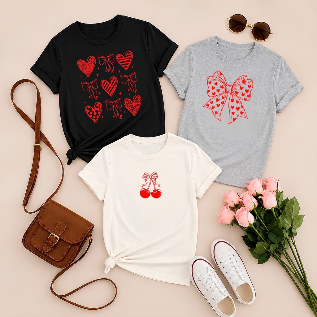 Kit 3 Camisetas Femininas LAÇOS E CORAÇÕES 100% Algodão Tshirt Premium Estampada Blusa Estilosa