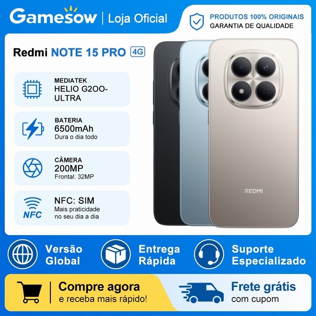 Xiaomi Redmi Note 15 Pro 4G,Versão Global 256/512GB e 8/12GB RAM, MediaTek Helio G200-Ultra, Câmera 200MP