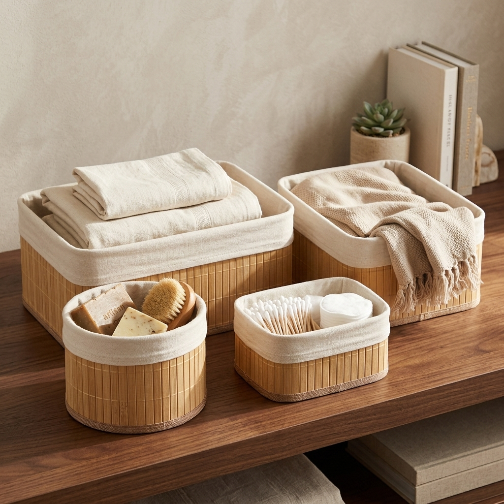 Cesto Organizador Bambu Kit 4 Peças Multiuso Cesta Trançada Banheiro Quarto Closet Lavanderia Escritório Decorativo