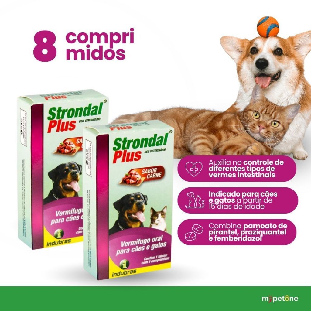 Kit 2 Strondal Plus Vermífugo Oral Cães e Gatos Indubras 4 comp