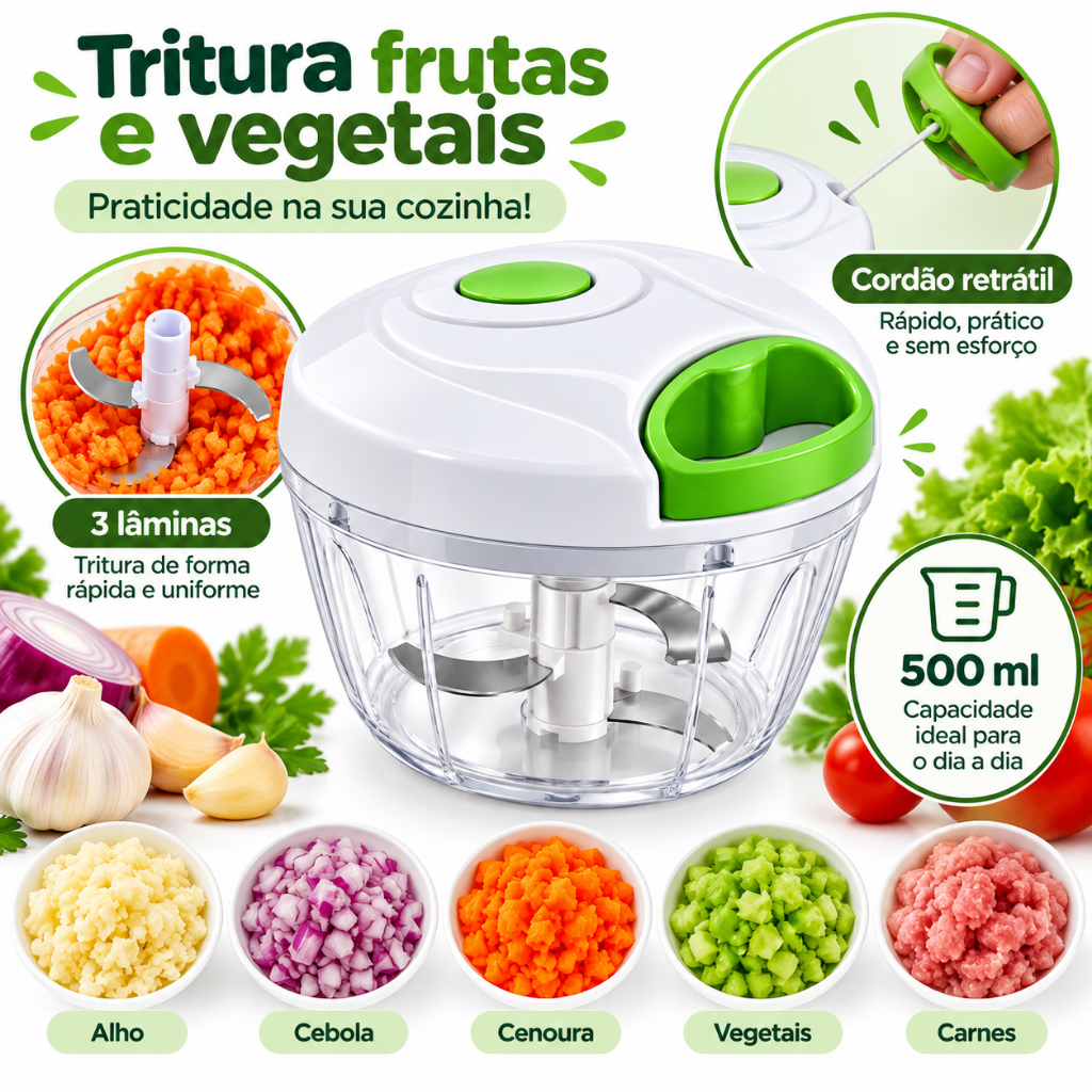 Processador Manual de Alimentos 500ml 3 Lâminas Cordão Retrátil Triturador de Alho Cebola Legumes