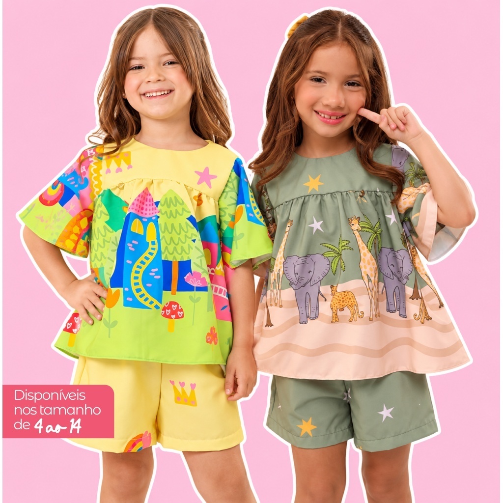 Kit 2 Conjunto Blusa+ Short Infantil Menina Premium Colorido Estampado Soltinho Confortável Casual