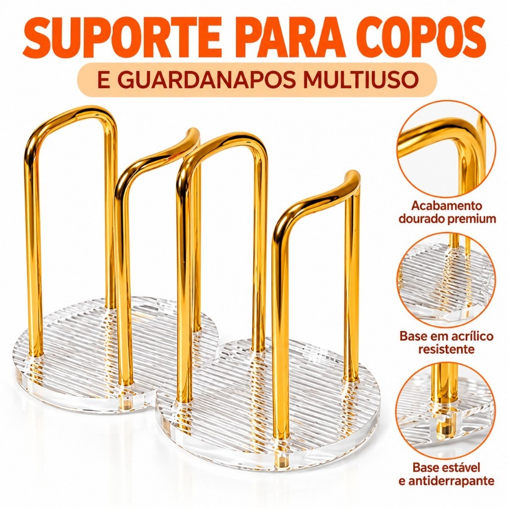 Porta Copos de Mesa Transparente com Suporte Metálico Dourado Organizador para Cozinha